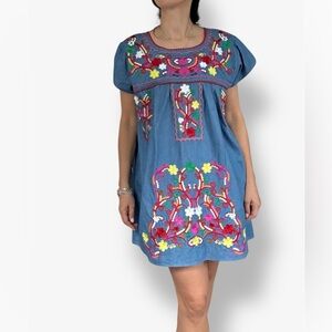 Chambray Floral Embroidery Mexican Style Dress